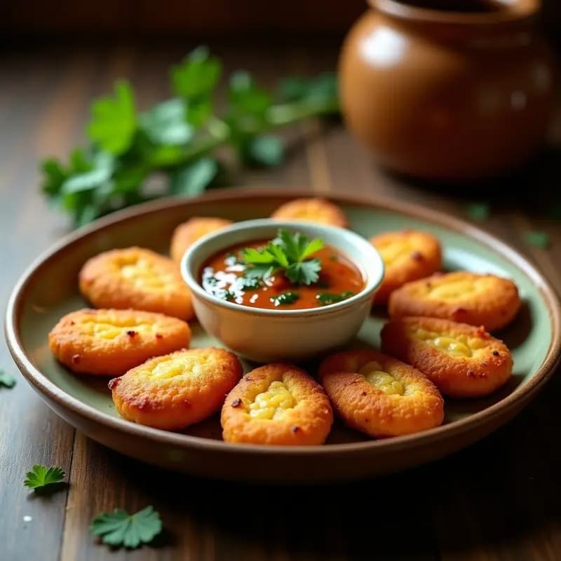 Buñuelos dorados y crujientes de queso y espinaca servidos en un plato de barro con salsa de aji cremosa y colorida al lado, entrante colombiano tradicional.