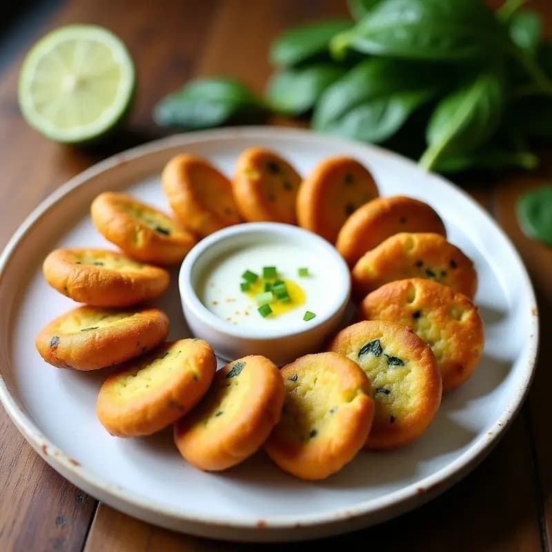 Buñuelos de queso y espinacas dorados y crujientes en una canasta de airfryer, acompañados de un bol pequeño con salsa de ajo cremosa y hierbas frescas. Plato típico colombiano saludable.