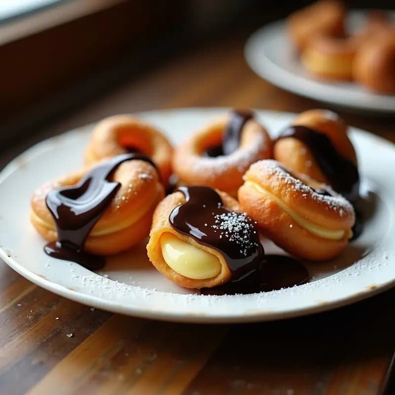 Buñuelos de viento dorados y esponjosos rellenos de crema pastelera, bañados en chocolate negro brillante y espolvoreados con azúcar glas, dispuestos en una bandeja blanca sobre fondo rústico.