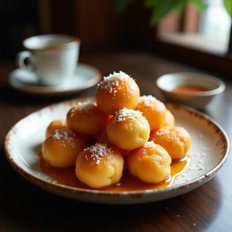 Buñuelos de viento colombianos dorados y esponjosos bañados en miel de panela oscura, espolvoreados con queso campesino desmenuzado y canela, servidos en plato rústico de barro.