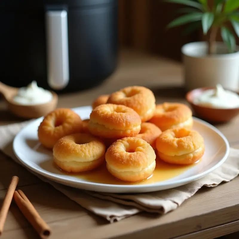 Buñuelos de viento dorados y esponjosos rellenos de crema de hornazo, servidos en un plato blanco con espolvoreado de canela, postre colombiano hecho en airfryer.