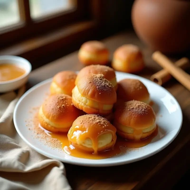 Plato blanco con buñuelos de viento dorados y esponjosos, rellenos de dulce de leche cremoso, espolvoreados con azúcar glass y canela en polvo, sobre fondo rústico de madera con detalles de cocina tradicional chilena.