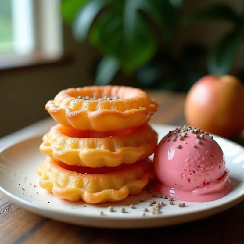 Buñuelos de viento dorados y esponjosos apilados en un plato blanco rústico, acompañados de una bola de helado de guayaba de color rosado intenso con semillas de chía visibles. Postre colombiano sin gluten con textura crujiente y cremosa.