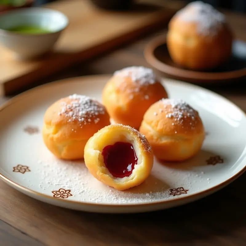 Buñuelos de viento Japanese dorados y esponjosos con relleno de pasta de red bean, espolvoreados con azúcar glass y matcha, servidos en un plato de cerámica blanca sobre fondo de madera oscura.