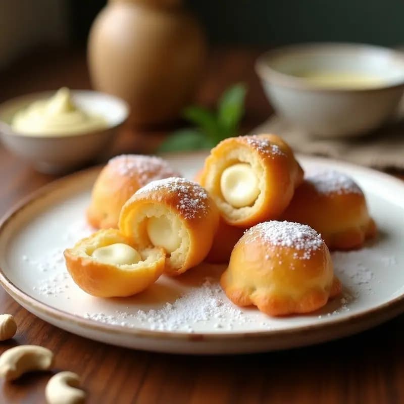 Buñuelos de viento dorados y esponjosos rellenos de queso de anacardos cremoso, postre colombiano sin lactosa, espolvoreados con azúcar glass sobre un plato blanco rústico.
