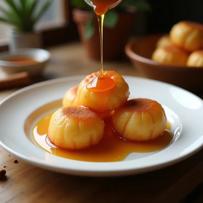 Buñuelos de viento dorados y esponjosos servidos en un plato blanco, bañados con sirope de agave brillante y espolvoreados con canela, postre colombiano sin azúcar refinado.