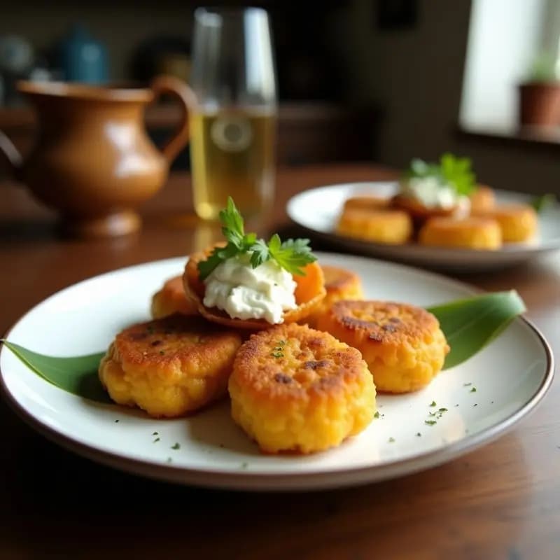 Buñuelos dorados y crujientes de yuca rellenos de queso de coco, servidos en un plato de cerámica con virutas de coco tostadas y un fondo rústico. Postre colombiano sin lácteos.