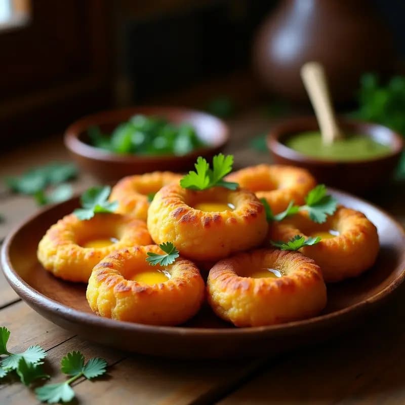 Buñuelos colombianos dorados y crujientes de yuca y queso vegano servidos en un plato de madera rústica, acompañados de hogao y perejil fresco, con fondo borroso de cocina tradicional.