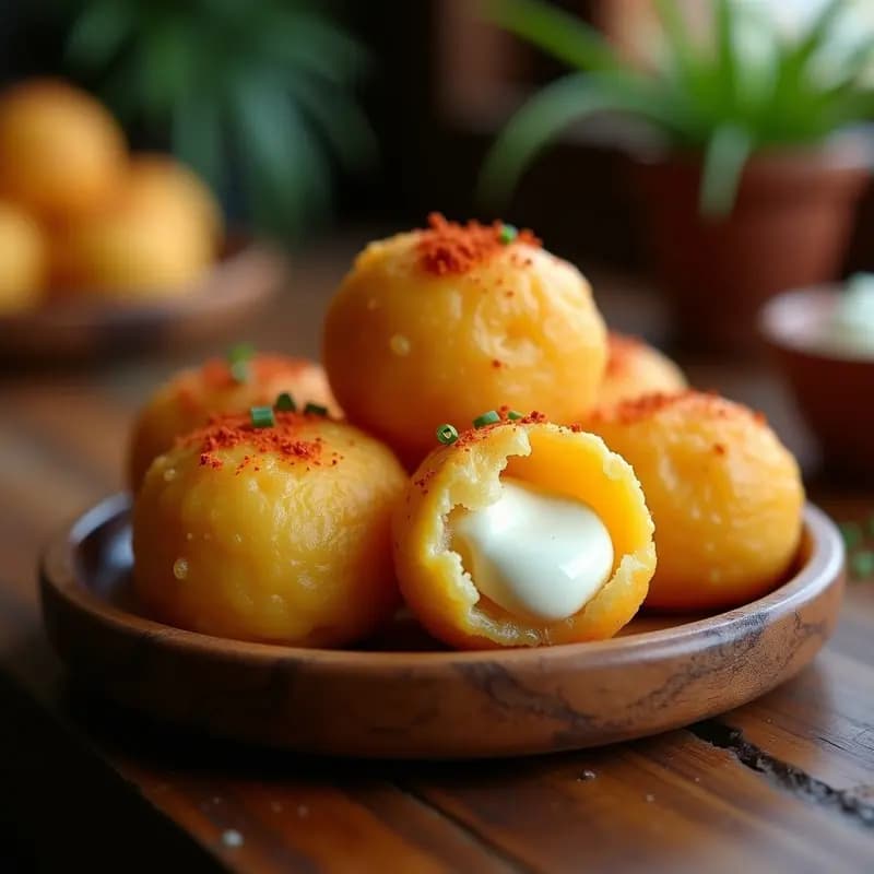 Buñuelos dorados y crujientes de yuca rellenos de queso de anacardos cremoso, espolvoreados con pimentón dulce y cebollino fresco. Plato de madera rústico con fondo borroso de cocina tradicional colombiana.