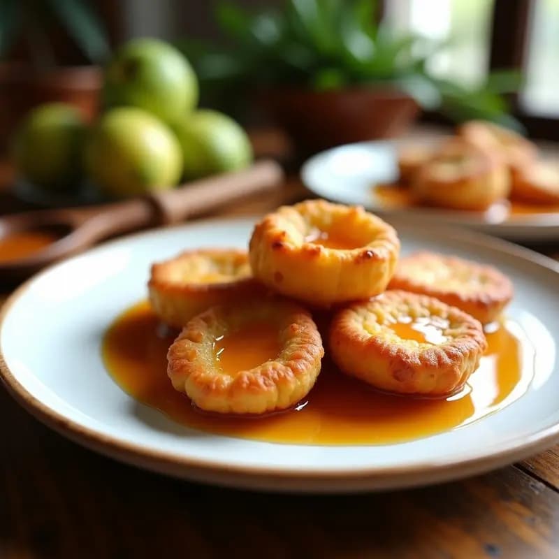 Plato blanco rústico con buñuelos de yuca dorados y crujientes, bañados en un sirope brillante de guayaba de color ámbar. Al fondo, hojas de guayaba fresca y una cuchara de madera con más sirope. Postre colombiano tradicional.