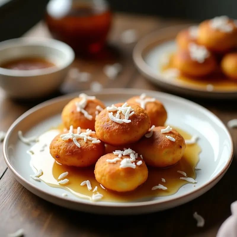 Buñuelos dorados y esponjosos de yuca con syrup de arce, servidos en un plato de cerámica blanca con coco rallado por encima, sobre una mesa de madera rústica.