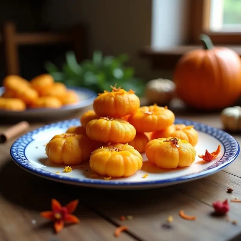 Bunyols de calabaza y azafrán dorados y crujientes, bañados en miel, dispuestos en un plato de cerámica blanca con detalles azules, típico valenciano. Al fondo, hebras de azafrán y una ramita de canela.