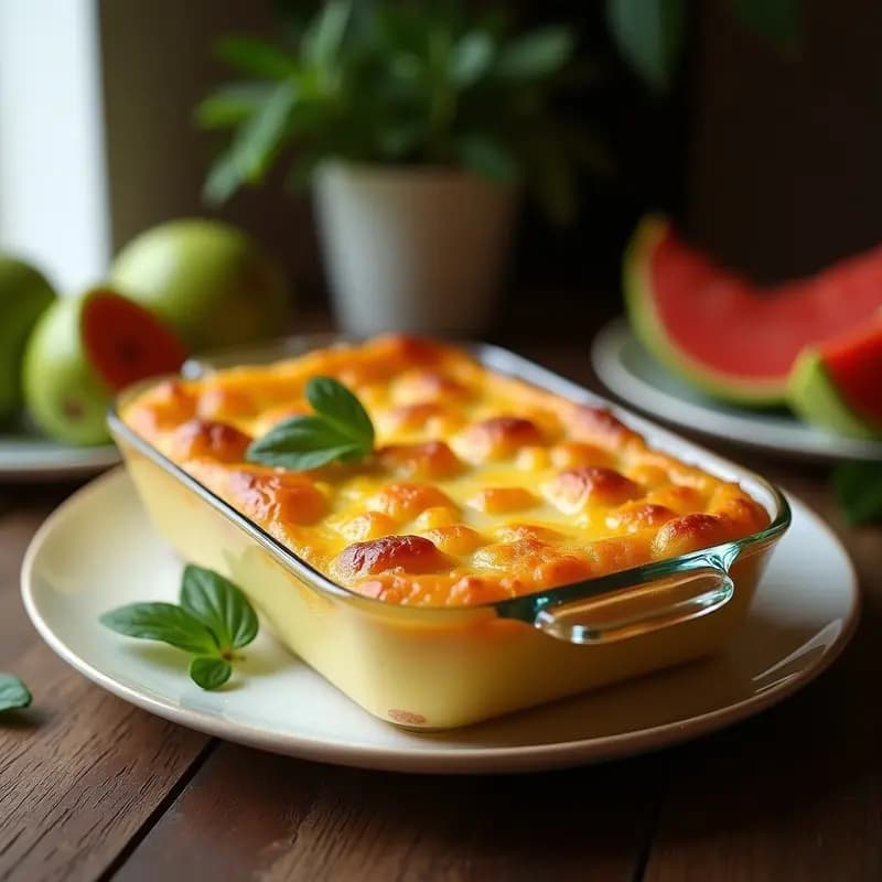 Burbanquil de queso y guayaba en molde de vidrio, dorado por encima con trozos de guayaba fresca y queso derretido, servido en plato rústico con fondo de hojas verdes.