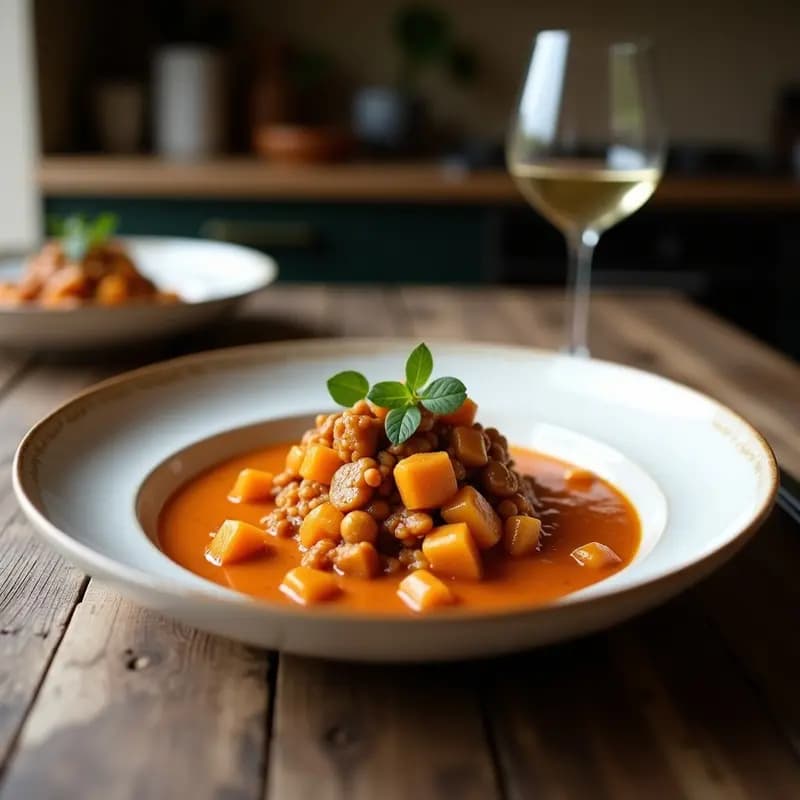 Olla de barro humeante con burboñes a la catalana, guiso de alubias blancas cremosas y rodajas de morcilla vegana oscura, decorado con almendras tostadas y perejil fresco sobre fondo rústico de madera.