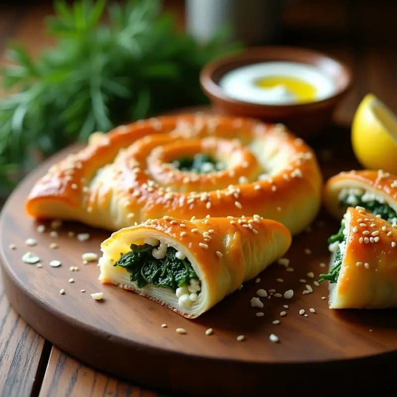 Burek de espinacas y queso feta en espiral con hoja de filo dorada y crujiente, espolvoreado con semillas de sésamo, servido en bandeja de madera rústica con hierbas frescas.