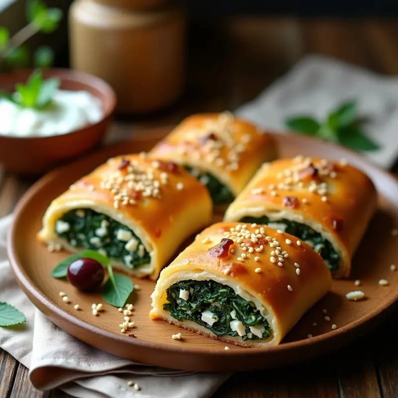 Burek de espinacas y queso feta recién horneado, dorado y crujiente, cortado en porciones y servido en bandeja de madera con semillas de sésamo. Pastel salado balcánico en láminas de yufka con capas visibles.