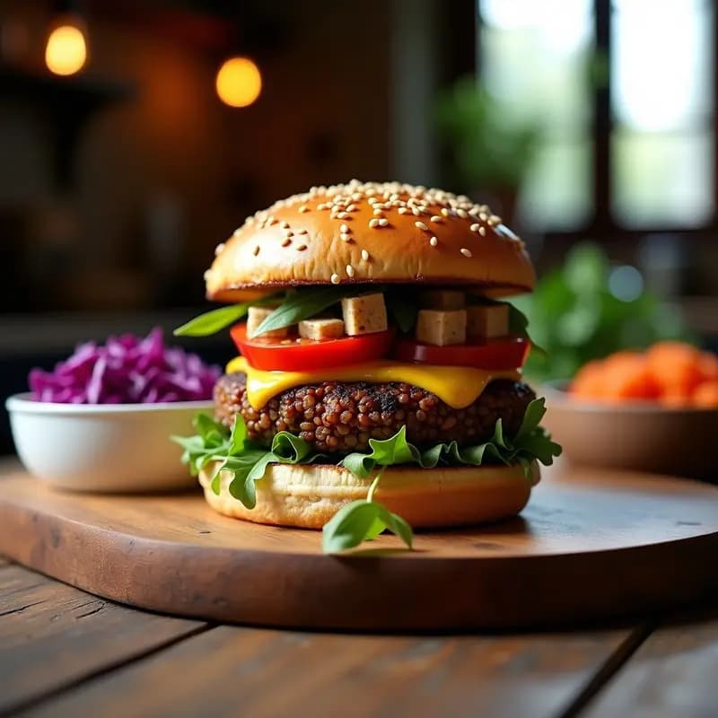 Burger vegano alemán con hamburguesa de lentejas pardinas y remolacha asada, pan de trigo espelta con semillas de comino, lechuga romana, tomate, pepinillos y salsa de yogur de soja con eneldo, servido en tabla de madera rústica con fondo de cocina tradicional.