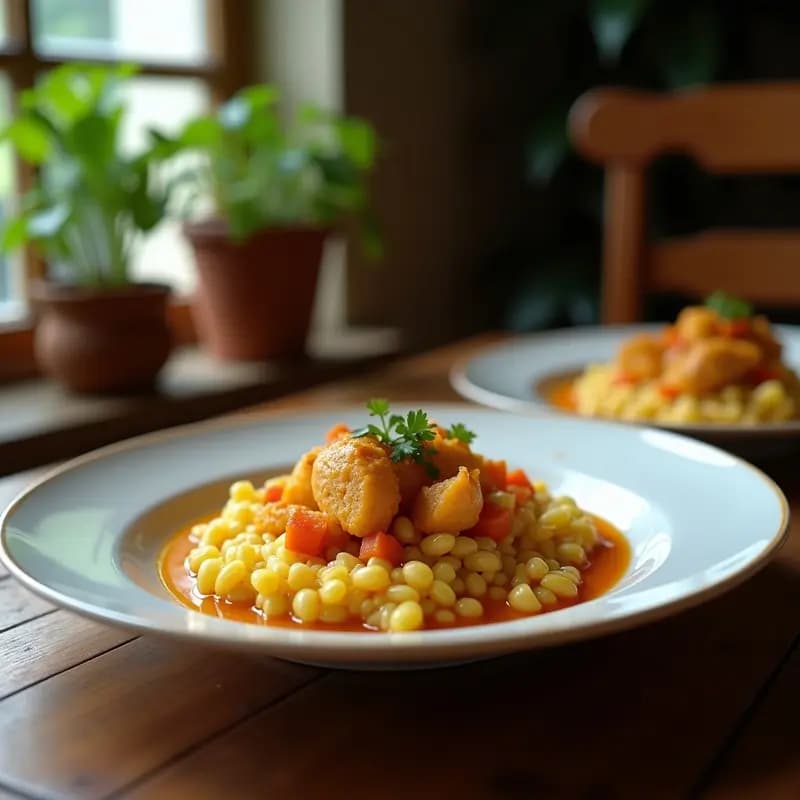 Plato hondo de cerámica blanca con buri buri de yuca y merluza: trozos dorados de yuca cocida, filetes de merluza jugosa y salsa de ají amarillo cremosa y amarilla, decorada con cilantro fresco. Receta venezolana en Thermomix.