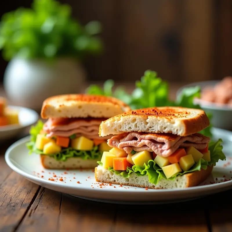 Bocadillo BVAR abierto mostrando capas de ensaladilla rusa con trozos de patata, zanahoria, guisantes y huevo, cubierto con atún en aceite de oliva y pimentón, sobre pan integral tostado. Receta española rápida para tupper.