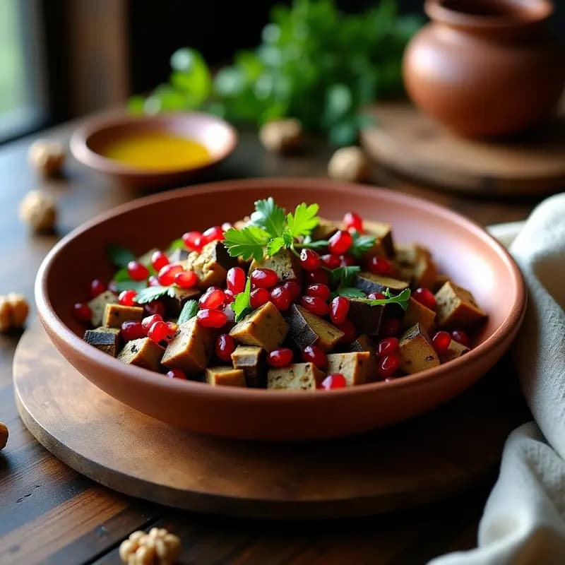 Ensalada georgiana Bvenachan en plato de barro rústico: cubos de berenjena ahumada oscura mezclados con nueces tostadas, semillas de granada rojas brillantes y cilantro verde fresco, bañados en una vinagreta dorada. Fondos de especias y hierbas frescas.