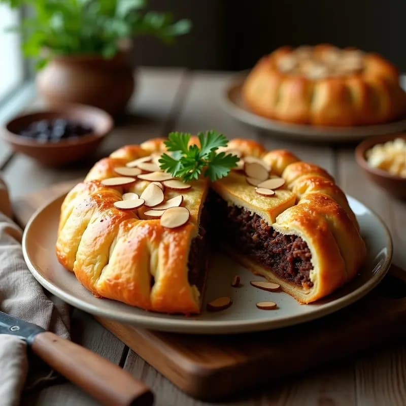 Pastel armenio bvosht de carne y ciruelas en bandeja de horno, con masa de hojaldre dorada y crujiente, relleno visible de carne especiada y trozos de ciruelas negras, decorado con perejil fresco y almendras fileteadas.