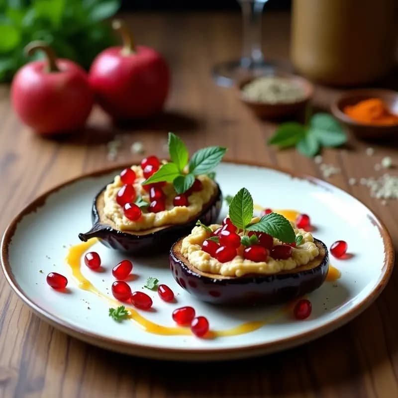 Bzkava georgiana vegana en un bol de barro rústico, con textura cremosa y color marrón dorado, decorada con hojas de menta fresca y nueces picadas. Al fondo, pan de pita tostado y rodajas de berenjena asada. Receta de Bzkava de berenjena y nueces con sabor ahumado.