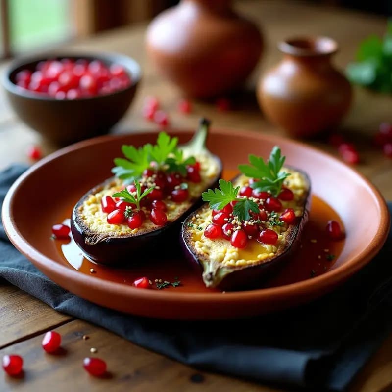 Plato de cerámica blanca con dos mitades de berenjena asada rellenas de una mezcla cremosa de pulpa de berenjena, especias y tahini, coronadas con granos de granada rojos brillantes, nueces picadas y cilantro fresco. Presentación de entrante georgiano vegano y sin gluten sobre fondo rústico de madera.