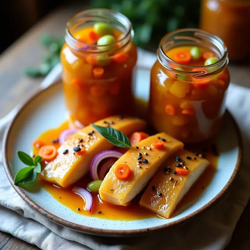 Tarros de cristal transparentes llenos de filetes de caballa en escabeche con cebolla morada en juliana, zanahoria y apio, bañados en un líquido dorado con especias. Receta peruana de conserva casera sobre fondo rústico de madera.