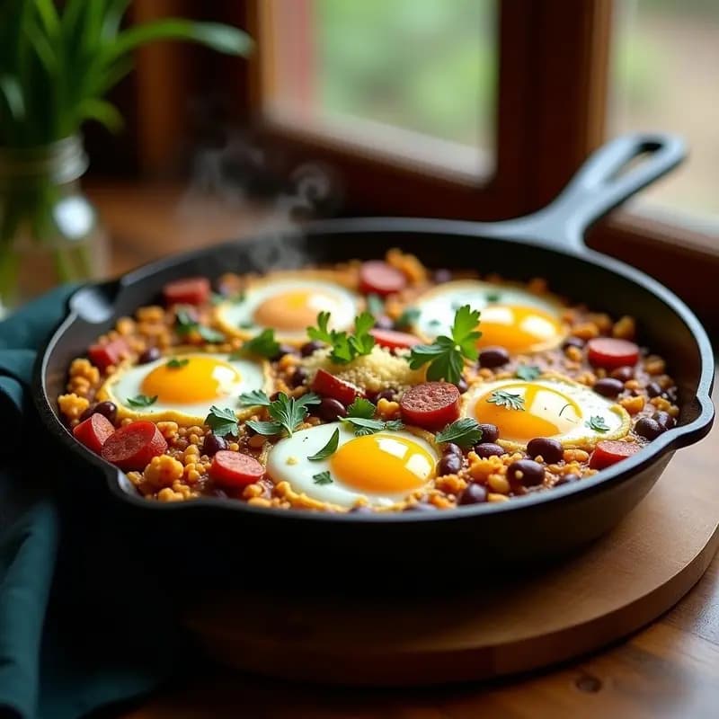 Sartén de hierro fundido con caçarola de feijão tropeiro brasileño: base cremosa de frijoles negros con chorizo ahumado, farofa dorada de yuca y huevos escalfados con yema líquida, decorado con cilantro fresco.