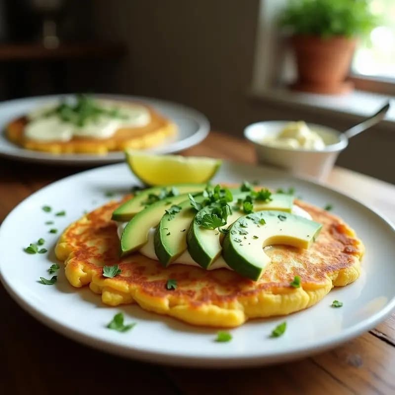 Plato blanco con dos cachapas venezolanas doradas y humeantes, rellenas de queso de anacardos cremoso y láminas de aguacate verde, decoradas con hojas de cilantro fresco. Receta vegana y sin lactosa.