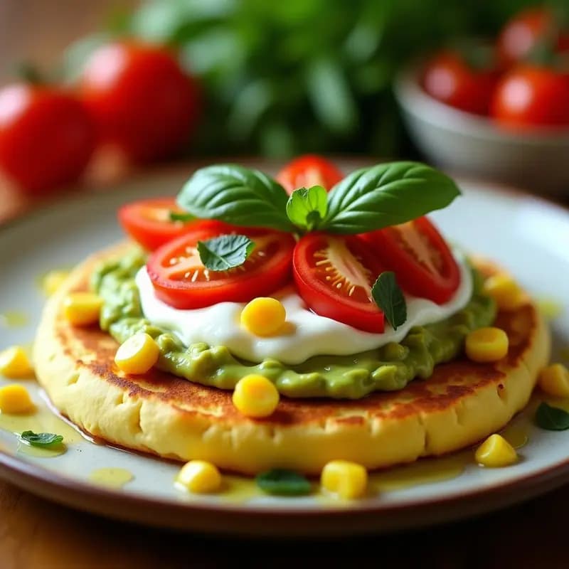 Cachapa venezolana dorada y ligeramente caramelizada, rellena de queso buratta cremoso y láminas de aguacate verde, decorada con hojas de albahaca fresca y un hilo de aceite de oliva sobre un plato rústico de madera.