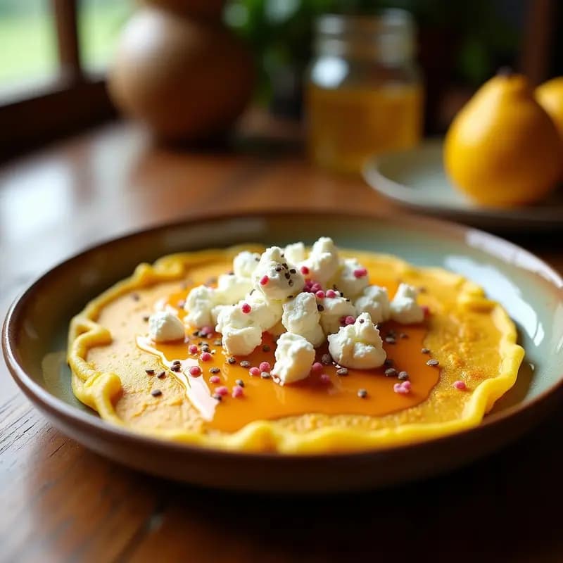 Cachapa dorada y humeante rellena de rodajas cremosas de queso de cabra, bañada con miel de guayaba brillante y decorada con hojas de cilantro fresco sobre un plato de barro rústico. Desayuno venezolano dulce-salado gourmet.