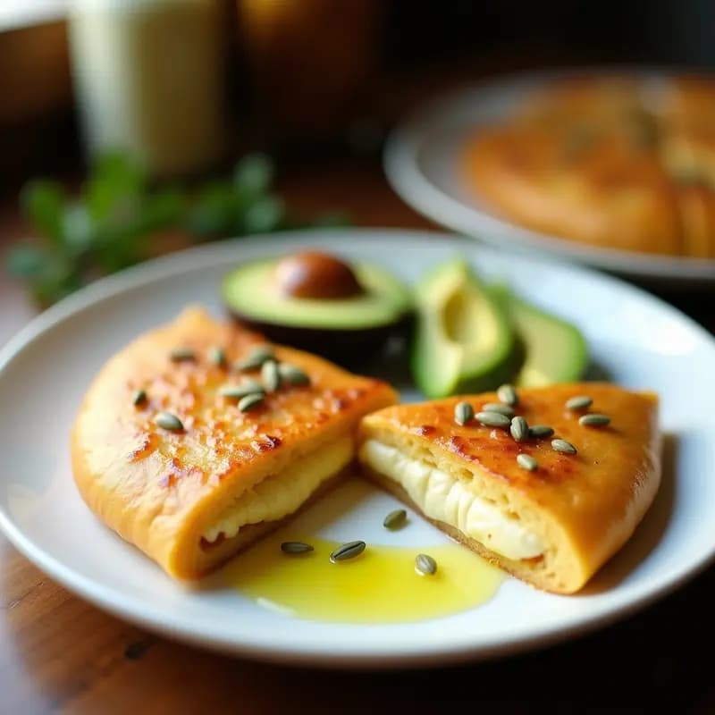 Cachapa venezolana dorada y humeante rellena de queso cremoso de semillas de girasol, decorada con hojas de albahaca fresca sobre un plato de barro. Desayuno vegano y sin gluten con textura esponjosa y colores vibrantes.