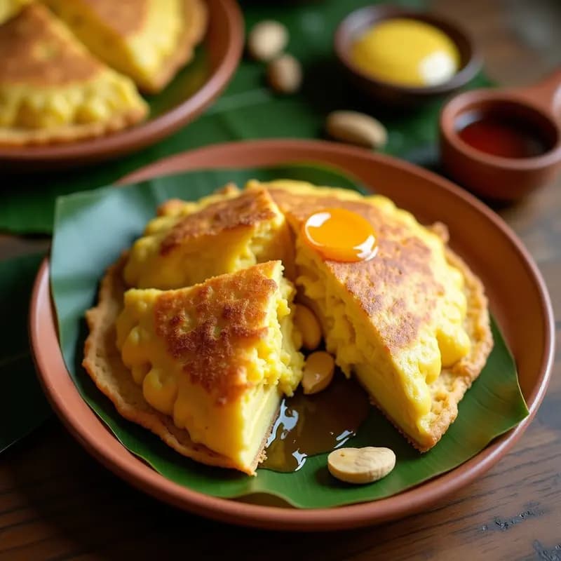 Cachapa dorada y esponjosa rellena de queso de maní cremoso y miel de caña, servida en plato de barro con fondo de hojas de plátano, receta venezolana sin lácteos.