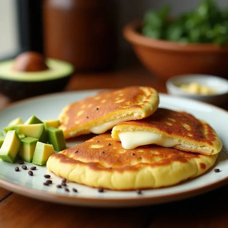 Cachapa venezolana dorada y esponjosa con semillas de chía visibles, rellena de queso de mano derretido, servida en un plato blanco rústico con aguacate en cubos al lado. Receta sin harina para desayuno.