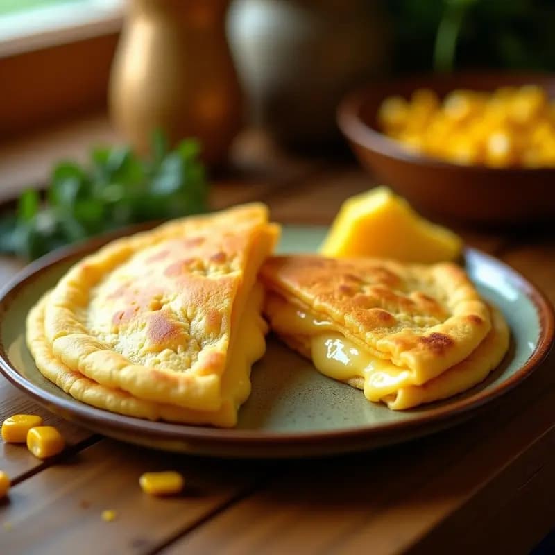 Cachapa venezolana dorada y esponjosa rellena de queso de mano derretido, servida en plato rústico con fondo de madera. Receta tradicional de maíz tierno.