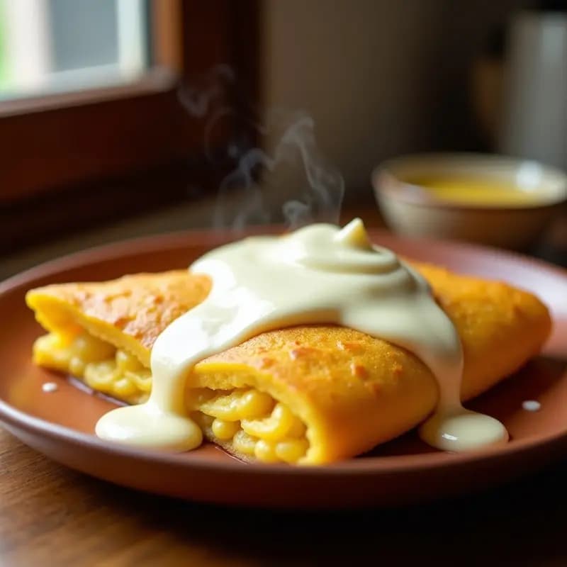 Cachapa dorada y esponjosa rellena de queso de mano derretido y bañada con natilla cremosa, servida en plato rústico de barro con fondo desenfocado de cocina tradicional venezolana.