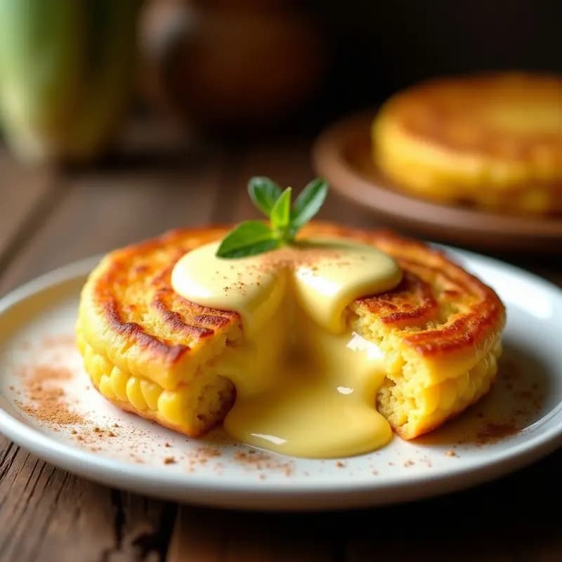 Cachapa dorada y esponjosa rellena de queso de mano derretido, servida en plato rústico con natillas cremosas por encima, receta tradicional venezolana en airfryer.