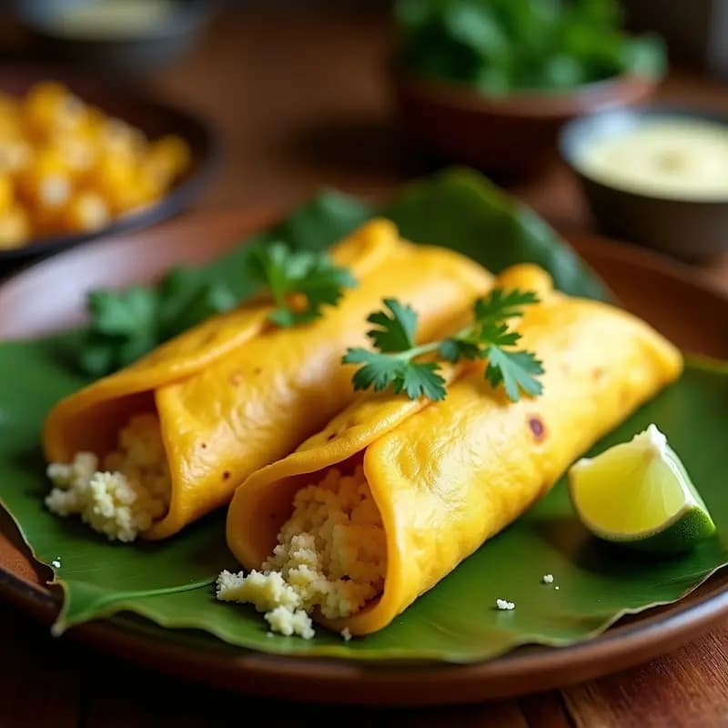 Plato con dos cachapas doradas de maíz tierno rellenas de queso de soja desmenuzado con cilantro, servidas sobre hojas de plátano con rodajas de limón al lado. Receta vegana venezolana tradicional.