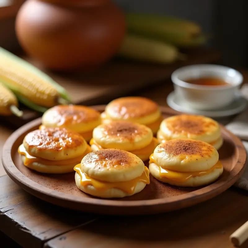 Plato rústico de madera con cachapas doradas rellenas de queso Handy derretido, servidas con un hilo de miel y espolvoreadas con canela, fondo borroso de cocina tradicional venezolana.