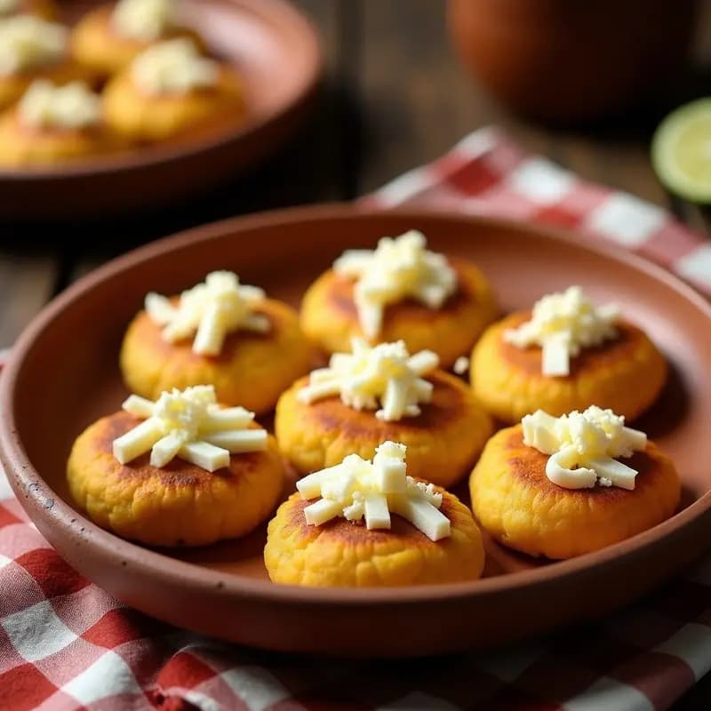 Plato rústico de madera con cachapitas de maíz tierno doradas por fuera, rellenas de queso llanero derretido, servidas con cebollín picado y un trozo de mantequilla. Receta tradicional colombiana en sartén.