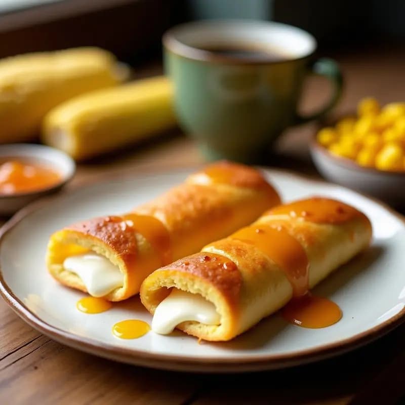 Plato blanco rústico con tres cachapitas de maíz dulce doradas, rellenas de queso blanco derretido y coronadas con mermelada de guayaba brillante. Al fondo, granos de maíz fresco y una taza de café humeante. Desayuno colombiano tradicional sin horno.