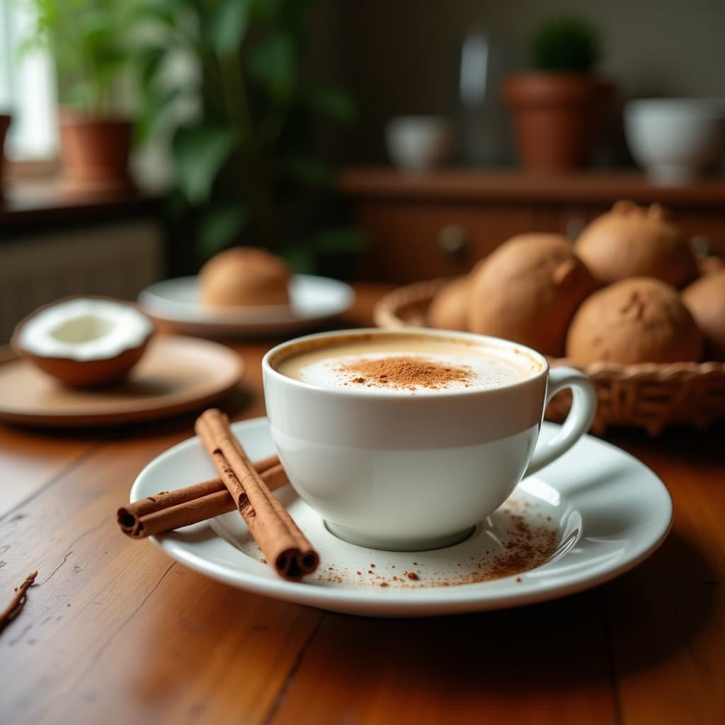 Taza de cerámica negra humeante con café bulletproof vegano, espuma cremosa en la superficie y un espolvoreado de canela en polvo. Al fondo, una cuchara de madera y un tarro de aceite de coco virgen. Ambiente cálido con luz natural.