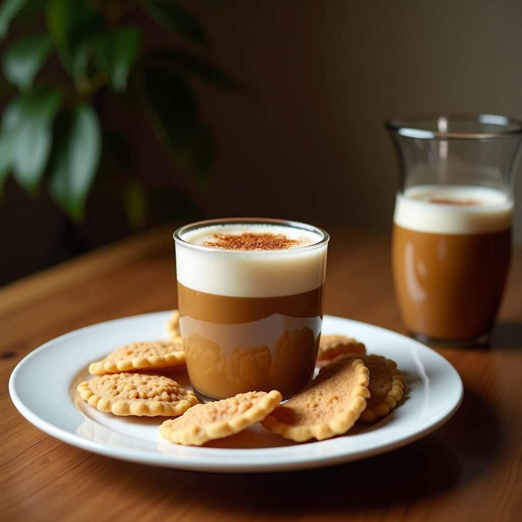 Taza de cerámica negra con bebida de café espumoso de color crema dorado, espolvoreada con canela molida, sobre una mesa de madera rústica con una rama de canela y un cuenco pequeño de ashwagandha en polvo al lado. Receta de bebida de café con adaptógenos ashwagandha y canela, energizante ayurvédico sin azúcar.