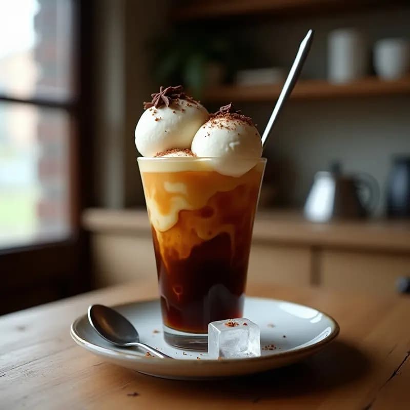 Vaso alto transparente con Café Bombón español: capas de café espresso oscuro, leche condensada cremosa, helado de vainilla derritiéndose ligeramente y virutas de chocolate negro 70% espolvoreadas. Fondo borroso con granos de café y una cuchara de plata.