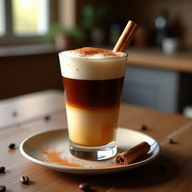 Vaso transparente con café bombón con licor de café valenciano, capas de espresso oscuro y leche condensada cremosa, espolvoreado con canela en polvo, sobre fondo rústico de madera con granos de café.
