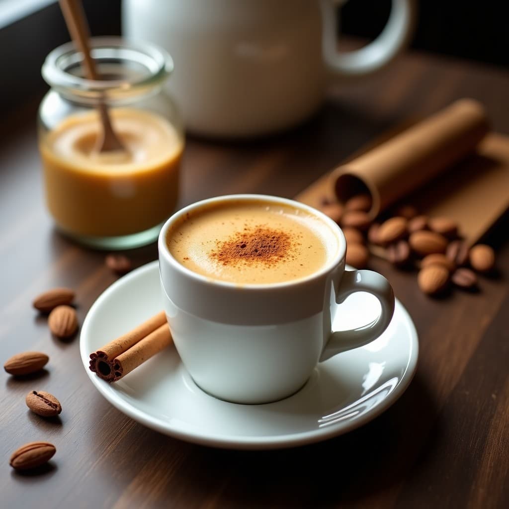 Taza de cerámica blanca con Café Bullproof espumoso, coronado por una pizca de canela en polvo y decorado con una ramita de canela. Al fondo, un tarro de mantequilla de almendras cremosa y granos de café arábica. Receta keto energética y saciante.