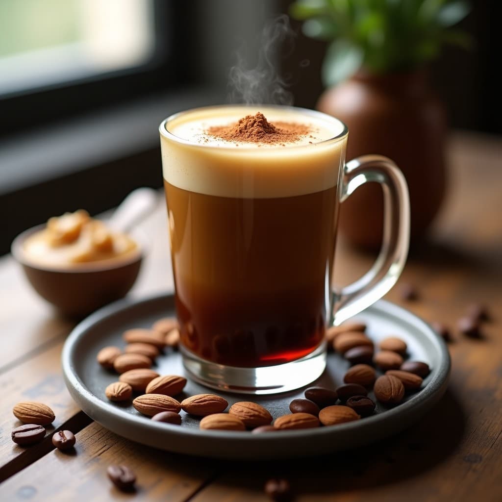 Vaso transparente con Café Bulletproof con mantequilla de almendras, espuma cremosa en la superficie y un toque de canela espolvoreada, sobre fondo rústico de madera con granos de café y almendras alrededor.