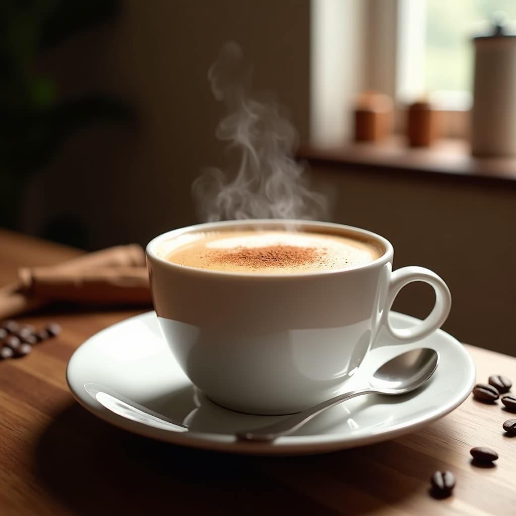 Taza de cerámica blanca con latte keto de café, canela y colágeno, espuma cremosa en la superficie y un espolvoreado de canela en polvo, sobre una mesa de madera con granos de café y una ramita de canela al lado.