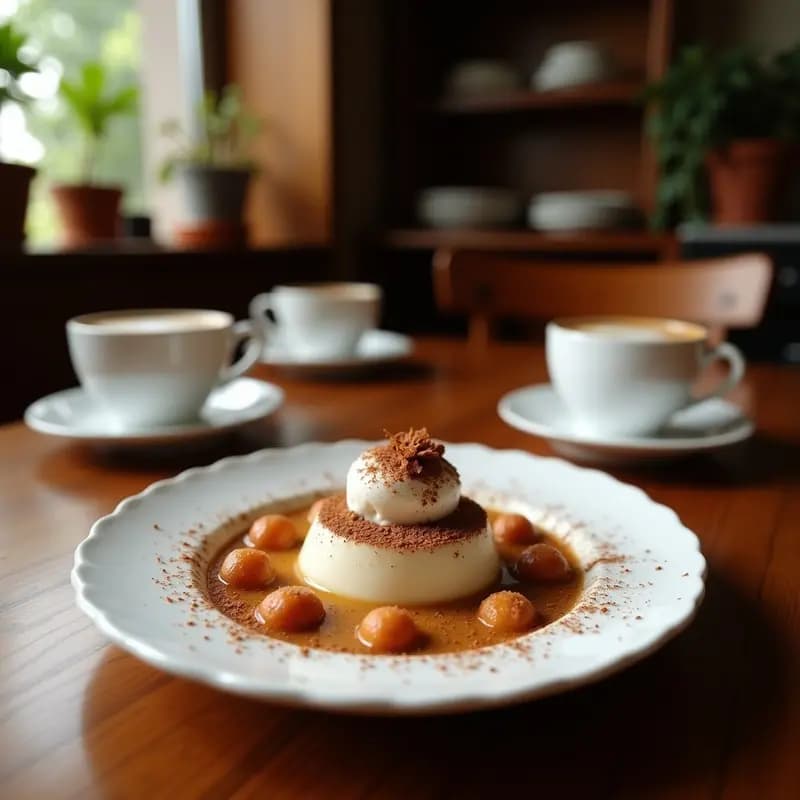 Taza humeante de café de cáscara de cacao y canela con leche de almendras, decorada con una ramita de canela y servida en una taza de cerámica blanca sobre una mesa de madera rústica.